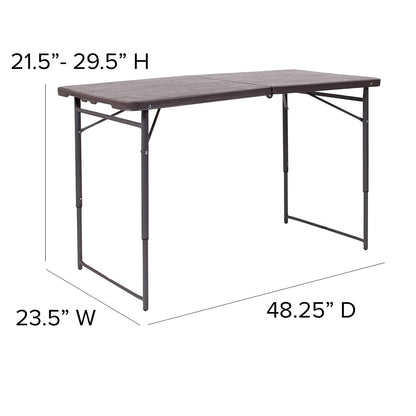 Flash Furniture Mills 4-Foot Height Adjustable Bi-Fold Brown Wood Grain Plastic Folding Table with Carrying Handle