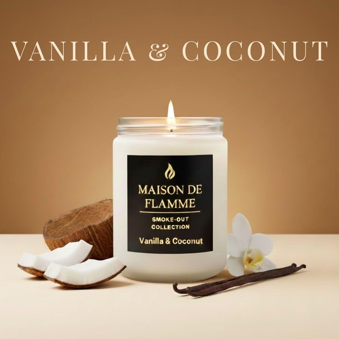 MAISON DE FLAMME Vanilla & Coconut Odor-Eliminating Scented Candle (White Jar, 200g/7oz) | Long-Lasting Premium Soy Wax Candle for Smoke, Kitchen & Pet Odors
