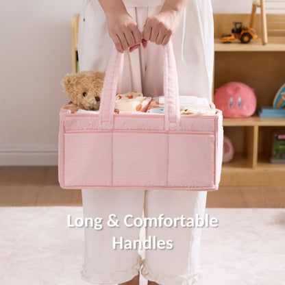 Skiennix Soft Baby Diaper Caddy Organizer - Portable Nursery Storage Basket with Removable Divider | Light Pink