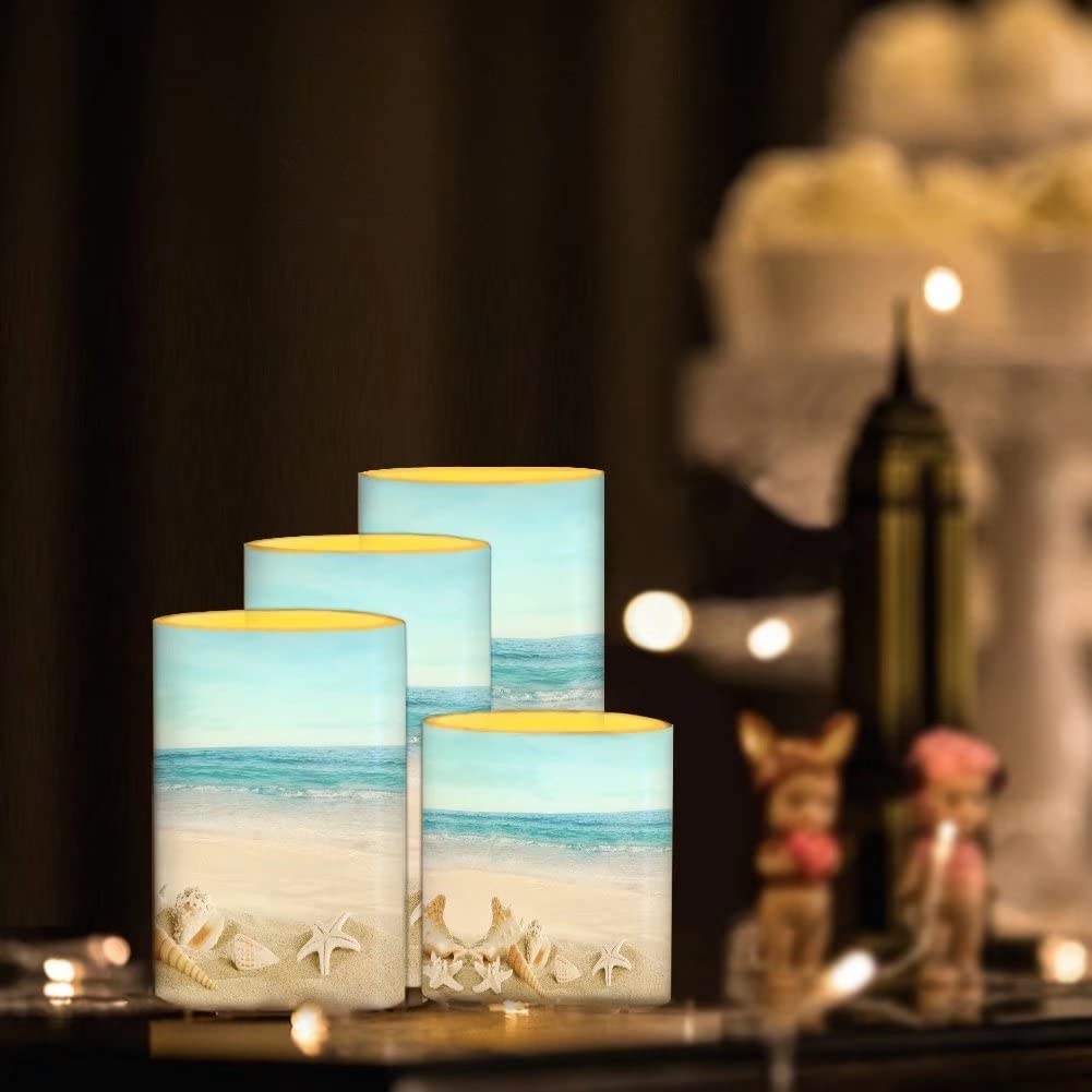 NETILGEN Flickering Flameless LED Pillar Candles with 18-Key Remote Battery Operated Color Changing Tea Lights Fake Candles, Set of 4, Beach Starfish Blue