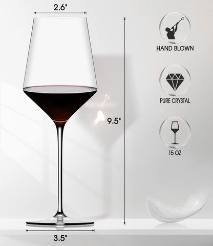 Red Wine Glasses Set of 4, Premium Crystal Wine Glasses Hand Blown,15 oz,Thin Rim,Long Stem,Perfect for Red or White,Daily Use,Unique Wedding Anniversary or Birthday Gift