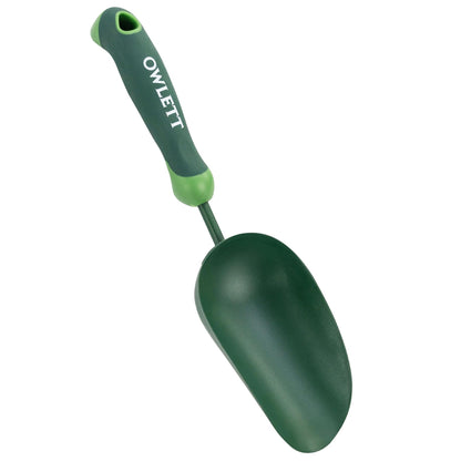 Owlett Garden Scoop, 13" Soil Scoop with Ergonomic Rubber Handle, Carbon Steel Potting Shovel Big Volume Gardening Spoon for Transplanting, Digging, Cultivation, Composting, Planting