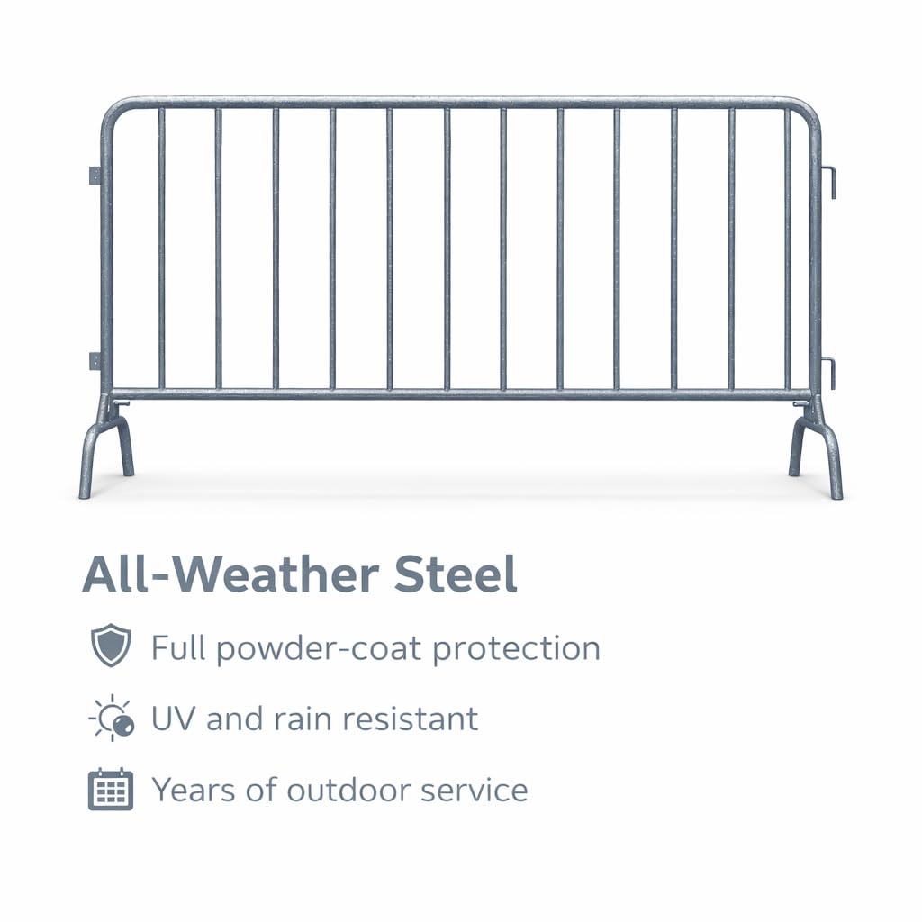 AdirPro 5 ft Crowd Control Barricade, 4-Pack | Interlocking Steel Barricade Fence | Heavy-Duty 16-Gauge Weatherproof Steel | for Events, Construction, Road Closure & Parking Lots