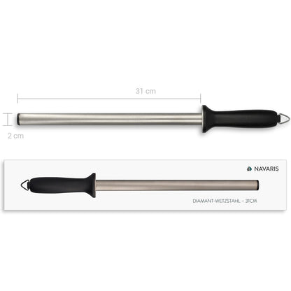 Navaris Diamond Sharpening Steel - 12" (31cm) Oval Knife Rod Sharpener for Honing Kitchen Knives - Lightweight and Durable for Home or Pro Use