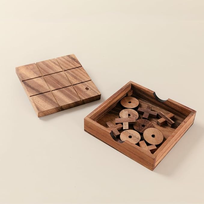 Wooden Tic Tac Toe (XOXO) Game – Handmade 2-Player Strategy Board Game – Travel Size Rustic Tabletop Decor – Sustainable Wood Gift for Adults Kids Couples Family (Classic)