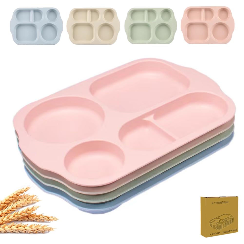 PUPOPIK 12 Inch Divided Plates4 PCS - Reusable Unbreakable Wheat Straw Plates, Dinnerware Lunch Tray Plates Tableware for Kitchen, Picky Eaters, Campers and Portion Control (Blush)