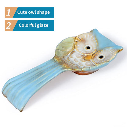 Sanbege Owl Spoon Rest, Ceramic Ladle Holder, Utensil Rester for Stove Top, Kitchen Counter, Dining Table, Coffee Station (Blue)