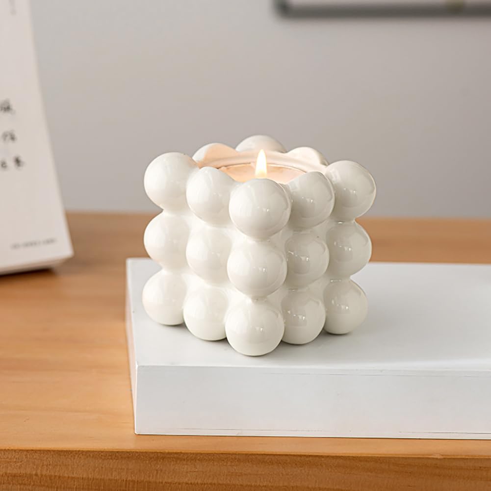 Ceramic Cube Golden Candle Holder Handheld Candlestick Holders Decorative Candle Stand Middle East Arabian Festival Candlestick Dining Table Party Home Decoration Ornament (White)