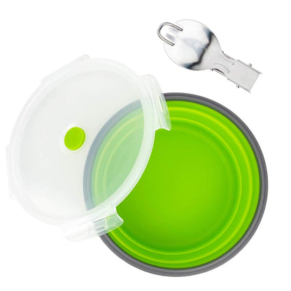 CCyanzi 1200ml Collapsible Camping Bowl Silicone Food Storage Container with Lid and Foldable Stainless Steel Fork Spoon, for Picnic, Travel, Camping, RV, Fridge and Microwave Bowls