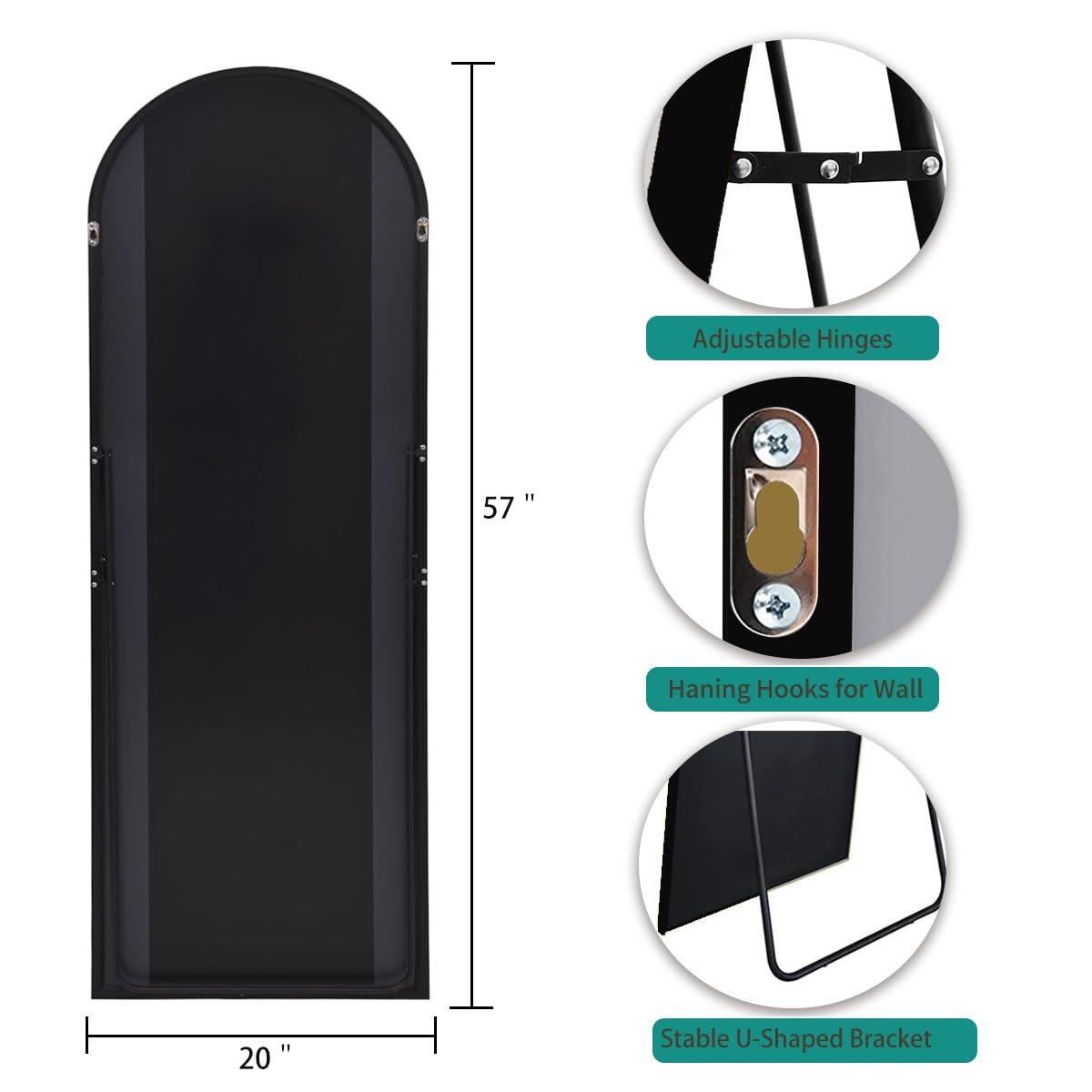 TinyTimes 57"x20" Arched Full Length Mirror, Full Floor Mirror with Stand, Large Full Body Mirror, Wall Mirrors for Bedroom Living Room, Aluminum Frame (Black)