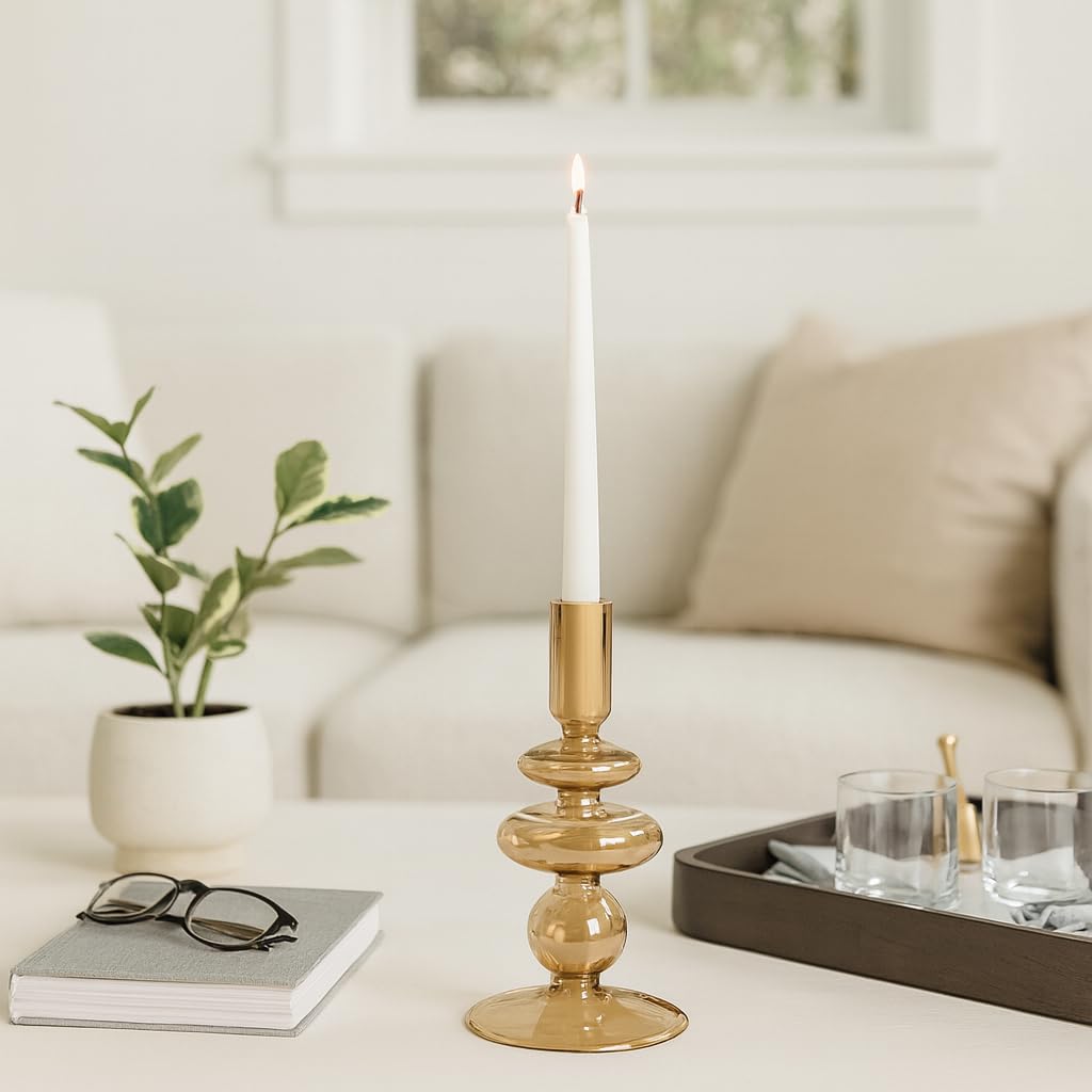 Decorative Glass Candle Holder for Taper Candles - Modern Candlestick Holder with Disc and Sphere Design for Table Decor - Pair with Gold Centerpieces for Tables and Living Room Display - 7" Gold