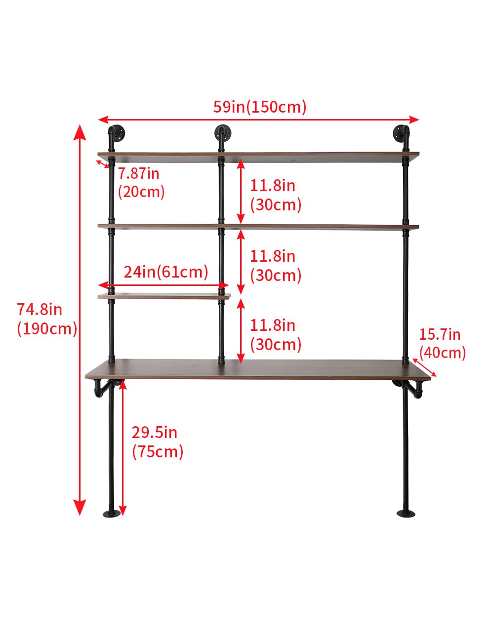OLDRAINBOW Industrial Pipe Computer Desk with Shelves,Wall Mounted Laptop Desks for Small Spaces,59 inch Bookshelf Narrow Writing Desk with Floating Shelves