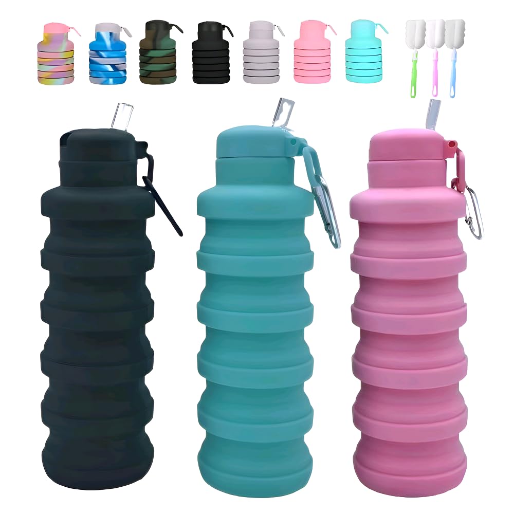 LIZADIN Collapsible water bottles 3 Pack with brush,BPA Free Travel Silicone Water Bottle with Carabiner,Reusable Foldable Portable Lightweight Sports bottles for Gym Camping Hiking (Black+Pink+Blue)