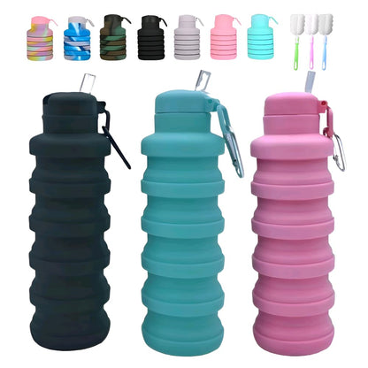 LIZADIN Collapsible water bottles 3 Pack with brush,BPA Free Travel Silicone Water Bottle with Carabiner,Reusable Foldable Portable Lightweight Sports bottles for Gym Camping Hiking (Black+Pink+Blue)