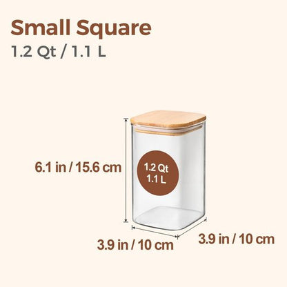 ComSaf Glass Storage Containers - 1.2 QT Clear Jars with Lids | Set of 2 Square Canisters for Pantry Organization