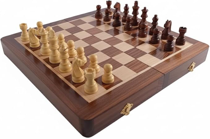 | Personalized Wooden Chess Set | Magnetic Folding Travel Chess Board with Storage &amp 2 Extra Queens (12 x 12 Inch Brown)