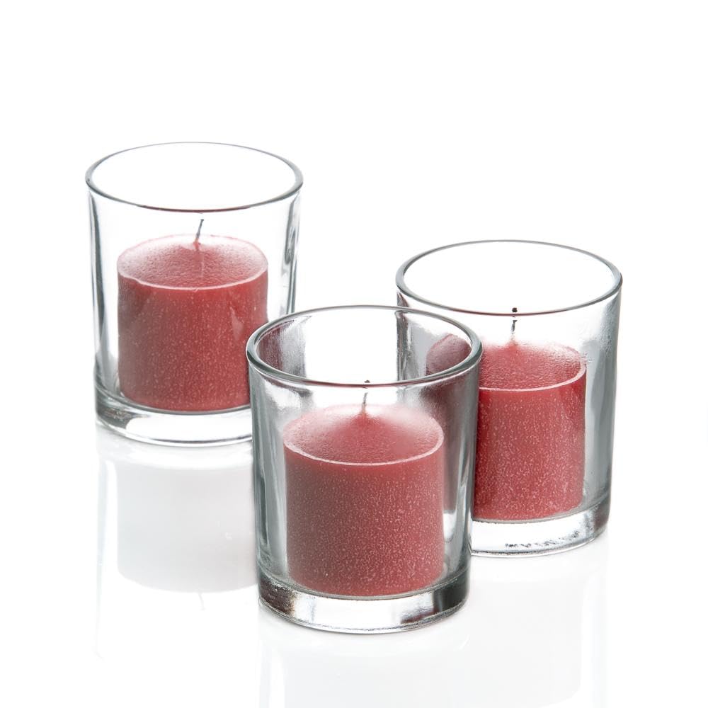 Set of 12 Richland Votive Candles Red Unscented and 12 Clear Glass Eastland Votive Holders