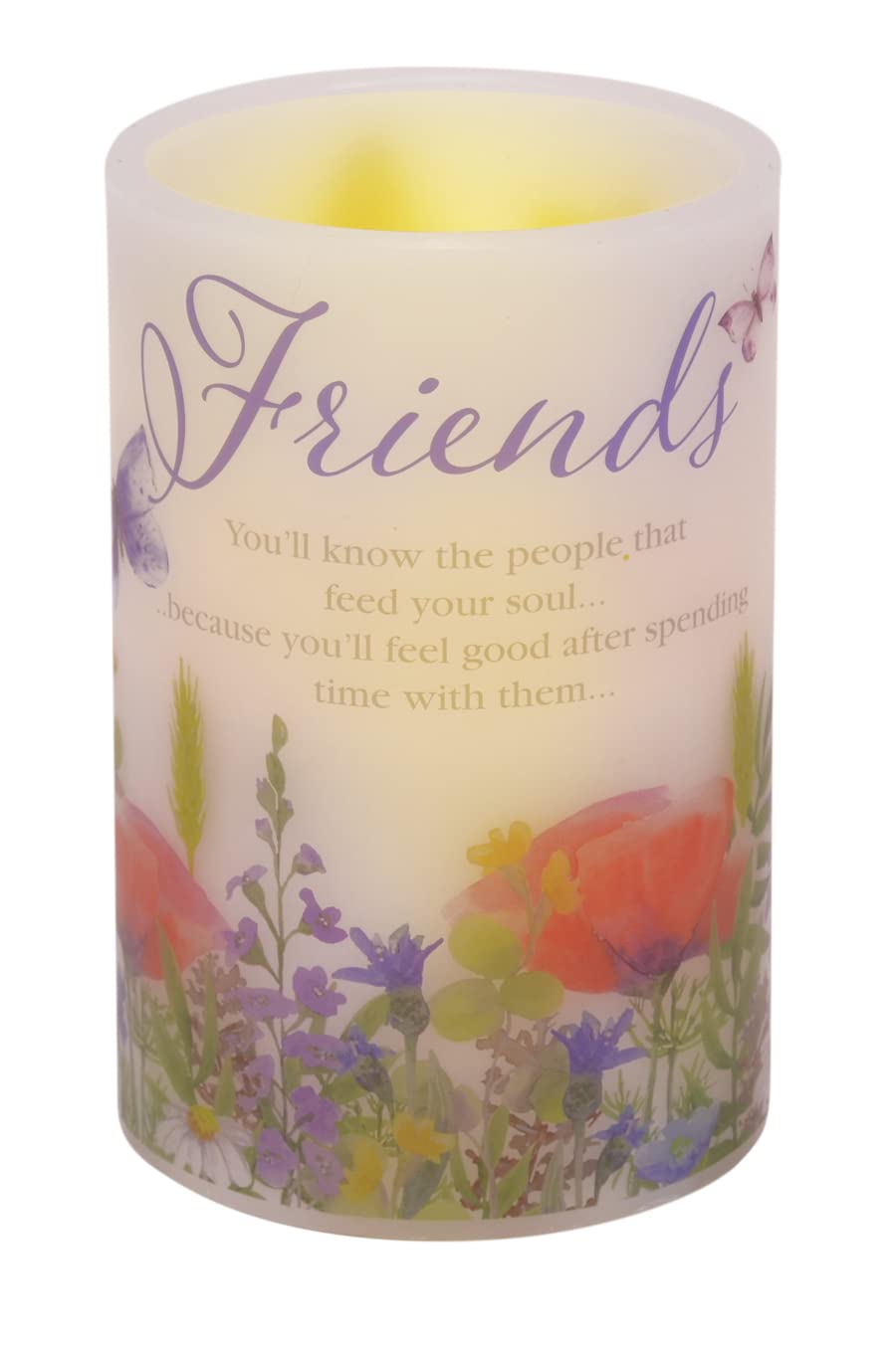 Mark Feldstein & Associates Inspirational Friends Quote Floral LED Flameless Pillar Candle, 4 x 6 Inch