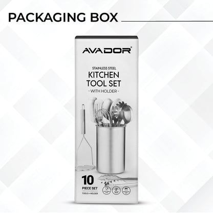 Avador® Premium Set of 10 Stainless Steel (WHITE HOLDER) Kitchen Tool Set with Holder Easy To Clean, Space Saving, Great for Cooking, Baking, Prepping (WHITE)