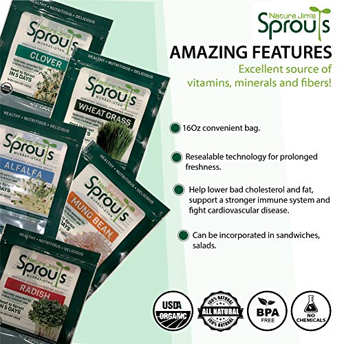 Nature Jims Premium Mung Bean Sprouting Seeds – 16 Oz – NON GMO- Resealable Bag for Longer Freshness – Rich in Vitamins, Minerals, Fiber