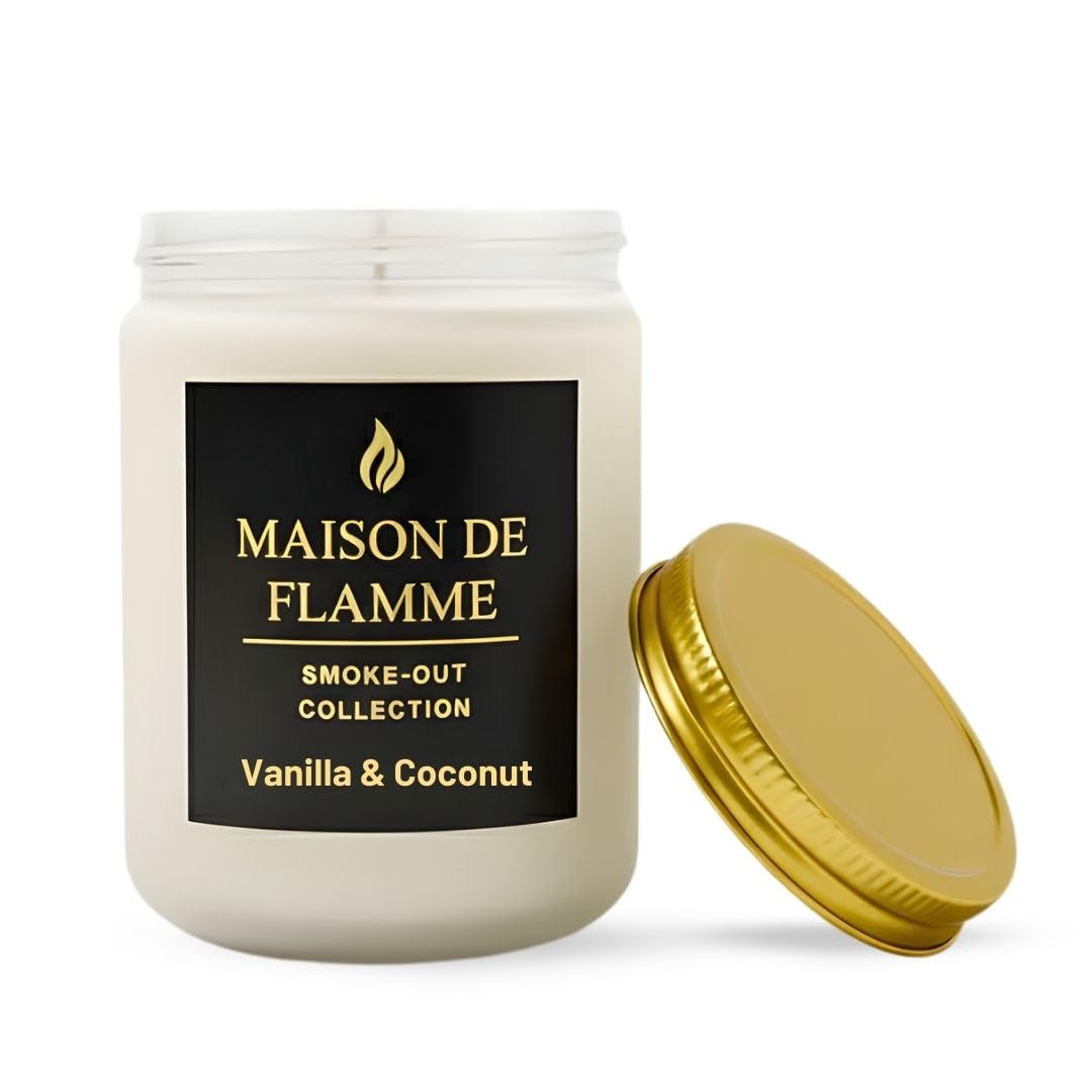 MAISON DE FLAMME Vanilla & Coconut Odor-Eliminating Scented Candle (White Jar, 200g/7oz) | Long-Lasting Premium Soy Wax Candle for Smoke, Kitchen & Pet Odors