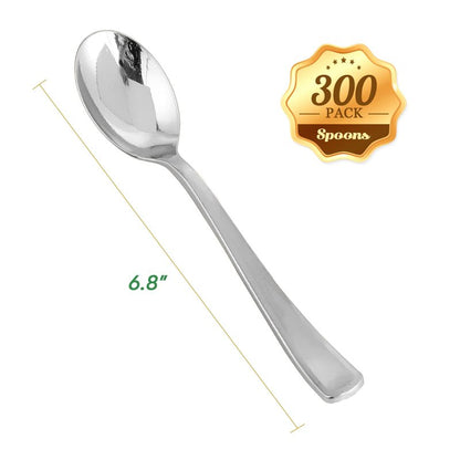 FOCUSLINE 300 Pack 6.8" Disposable Silver Plastic Spoons, Solid and Durable Plastic Cutlery Spoons, Heavy Duty Disposable Utensil Silverware for Catering, Parties, Dinners, Weddings