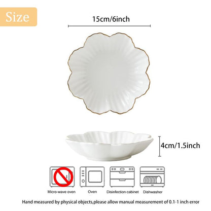 HOKMOKQOK Porcelain Serving Dish,Ceramics Flower Relish Tray with Metallic Rim,Serving Bowls for Wedding,Party Perfect for Small Cereal, Pasta, Salad, Candy and Snacks White 6.6 inch (6.6 inch)
