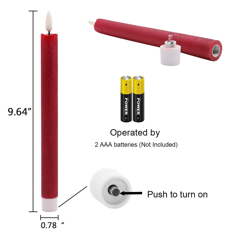 Wondise Flameless Taper Candles with Timer, 3 Pack Battery Operated LED Flickering Real Wax Red Candle for Christmas Wedding Dinner Decorations