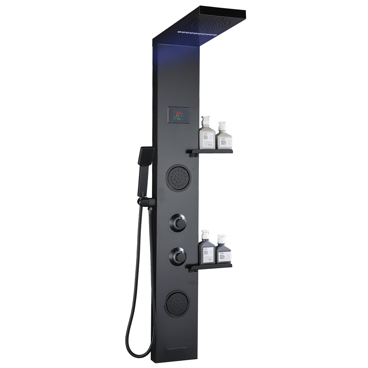 RUITHOE LCD Temperature Display Rainfall Shower Panels Tower System with Storage Shelf, Matte Black LED Light 304 Stainless Steel with Handheld Massage Body Jets Water Waterfall Bathtub