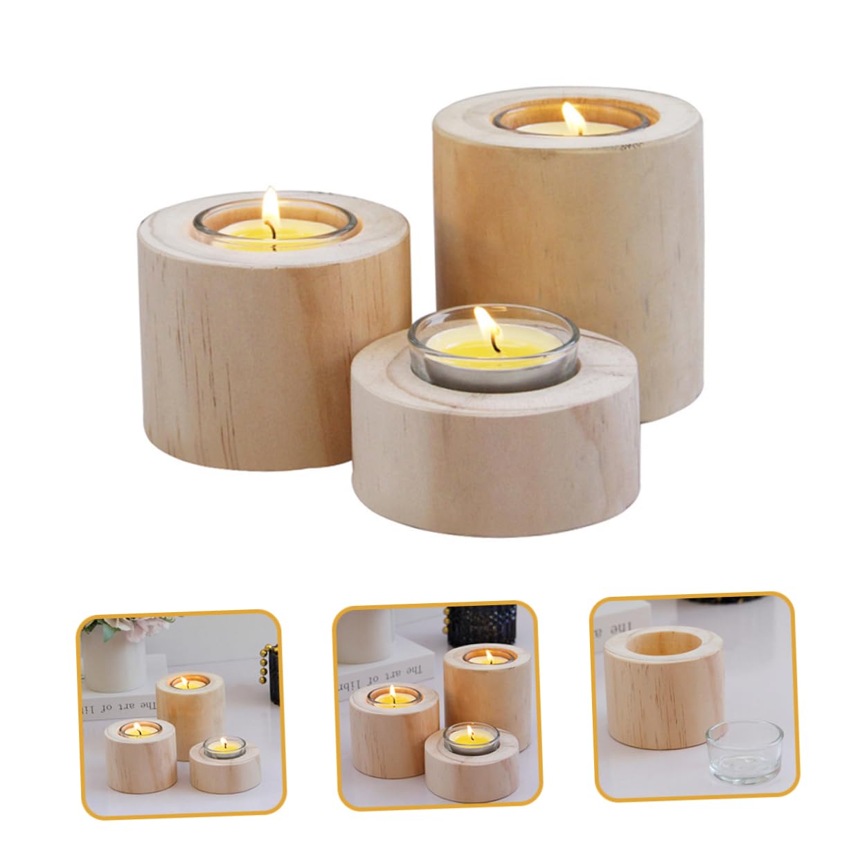 STOBAZA 3pcs Wooden Candle Holder Set Rustic Style Table Candlestick Holders for Dinner Romantic Decor for Weddings Anniversaries Valentine Day and Home Use