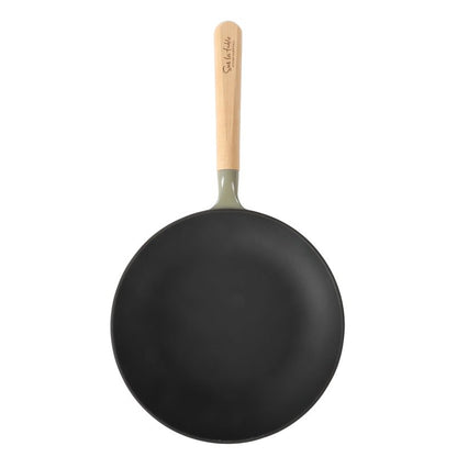 Sur La Table Kitchen Essential Main Canteen 9.5" Pre-Seasoned Cast Iron Skillet w/Wood Handle, Natural Nonstick Lightweight Frying Pan for Searing, Sautéing & Everyday Cooking - Juniper Green