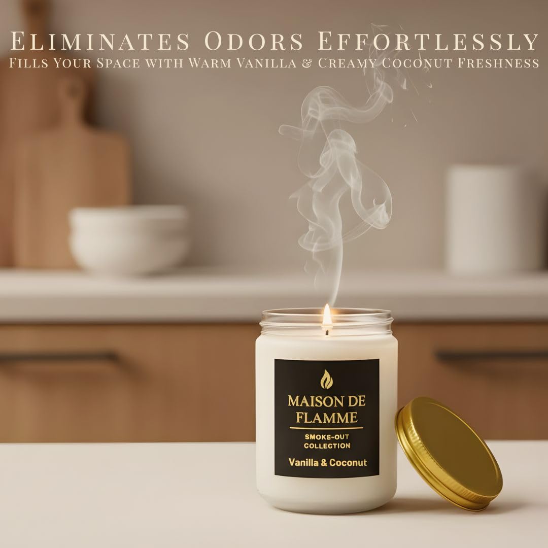 MAISON DE FLAMME Vanilla & Coconut Odor-Eliminating Scented Candle (White Jar, 200g/7oz) | Long-Lasting Premium Soy Wax Candle for Smoke, Kitchen & Pet Odors