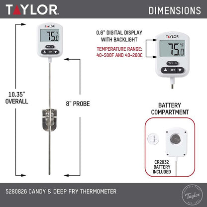 Taylor Programmable Digital Candy and Deep Fry Thermometer with Green Light Alert Display, Long Stem, and Adjustable Pan Clip, White