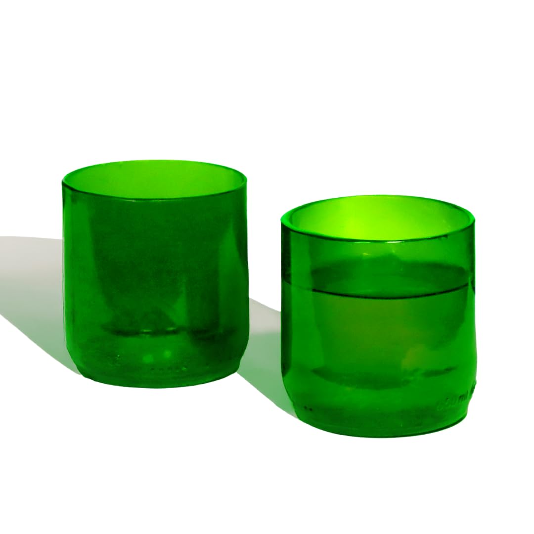 Mosa Wine Bottle Drinking Glasses (230ml, 7.7oz, Set of 2) – Upcycled Stemless Glassware for Wine, Cocktails & Everyday Use | Eco-Friendly Sustainable Drinking Glasses (Green)