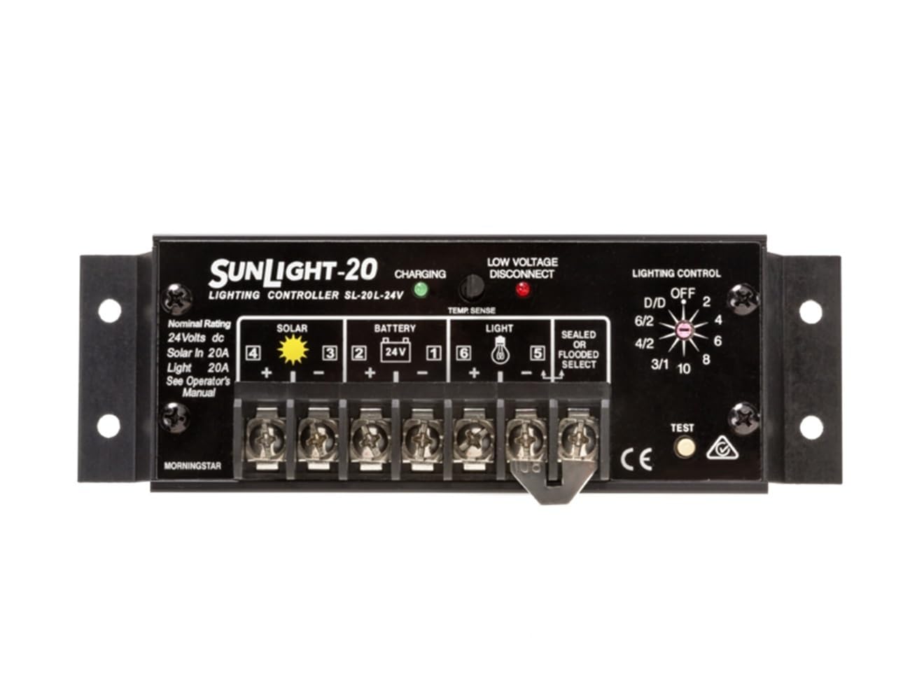 Morningstar Sunlight 20A Solar Charge Controller (SL-20L-24V) - Solar Panel Regulator for 24 Volt Batteries, Lighting Ctrl, Easy Setup, Corrosion Resistant Terminals, 5 Year WTY - Designed in The USA