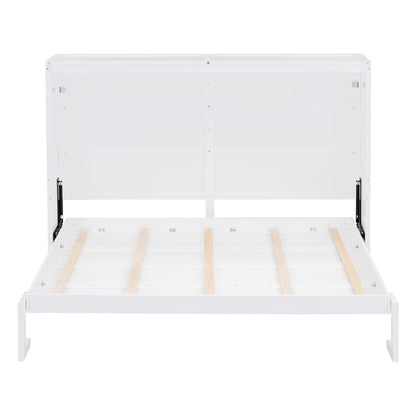 Ball & Cast Murphy Bed Queen Size,Farmhouse Murphy Cabinet with Storage Shelf,Wood Hidden Wall Bed,Foldable Platform Bed,Space-Saving,No Box Spring Needed,White