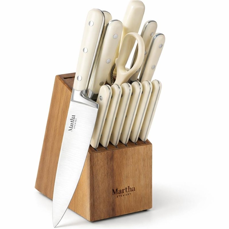 MARTHA STEWART Eastwalk 14 Piece High Carbon Stainless Steel Cutlery Kitchen Knife Block Set w/ABS Triple Riveted Forged Handle Acacia Wood Block - Linen White