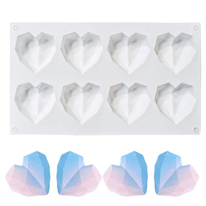8 Grid Diamond Heart Silicone Cake Chocolate Mold Silicone Baking Pan Mold for DIY Cake Mousse Dessert 3D Diamond Love Heart Shaped Mould for Candy Fondant Ice Cream Soap Cupcake Cheesecake Jelly