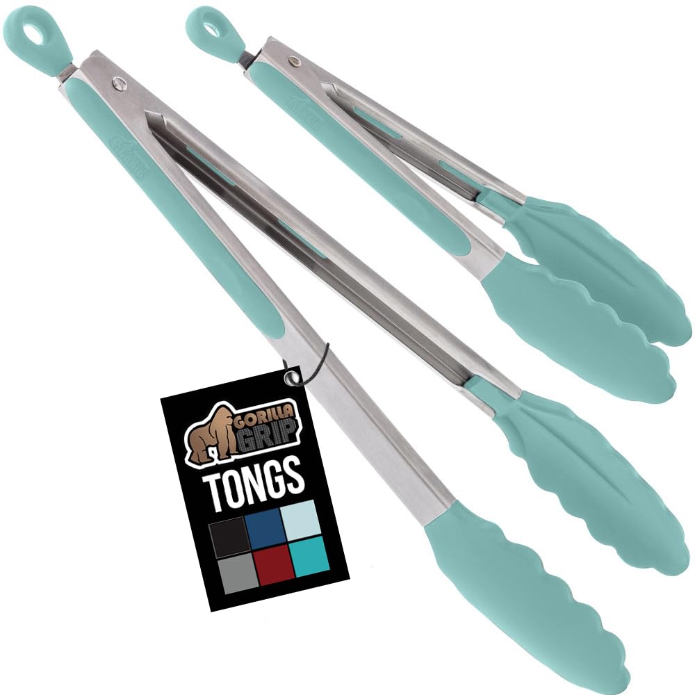 GORILLA GRIP Stainless Steel Heat Resistant Kitchen Tongs for Cooking, 9 + 12 Inch, Set of 2 BBQ Tong, Non Scratch Silicone Tip for Pan, Strong Grip, Grab Food, Toss Salad, Air Fryer, Pull Lock, Black