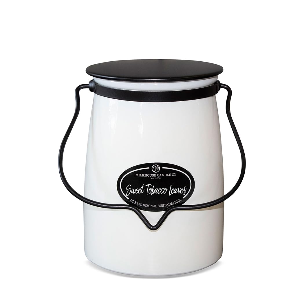 Milkhouse Candle Company Sweet Tobacco Leaves Soy Candle - Honey | Tobacco | Teakwood Scented - 22 oz Butter Jar with Lid, 120+ Hour Burn Time, Made in the USA