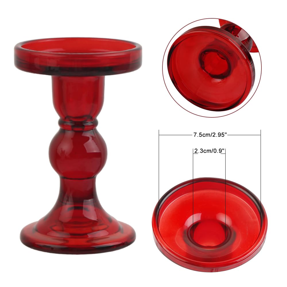 BTGLLAS 6-Piece Set of Red Glass Candlestick, Crystal Candlestick Holder Holder and Conical Candle, Christmas Candle Holder Decoration, Family Living Room Wedding Candle Holder (red2sets)