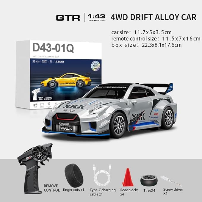 1/43 Scale RC Drift Car 2.4G Full Proportional 4WD Remote Control Car with Gyro Adjustable Speed &amp LED Lights Alloy RC Vehicle for Adult