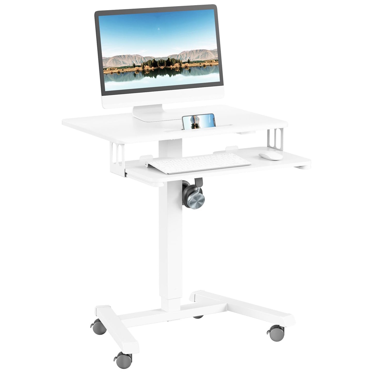 ERGOMAKER Mobile Standing Desk with Keyboard Tray, Gas Spring Rolling Desk with Lockable Wheels, Portable Laptop Desk, Adjustable Height Stand Up Desk, Computer Workstation Home Office, White