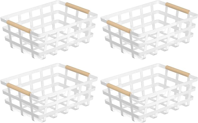 4 Pack Large Metal Storage Baskets, Farmhouse Baskets, Pantry Organizer Baskets with Wood Handle, Metal Baskets Bins for Kitchen Pantry Shelf Cabinets, White