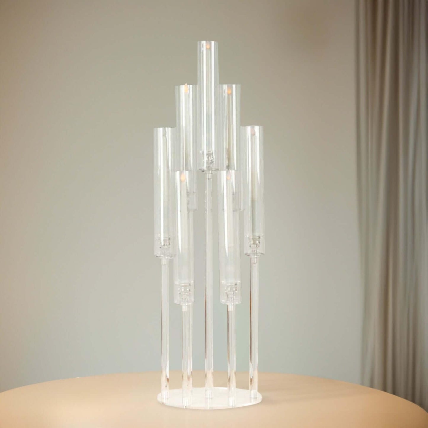Efavormart 7 Arm Clear Acrylic Cluster Round Taper Candle Holder Candelabra, Pillar Candle Stick Stand with Circular Base - 33" Tall