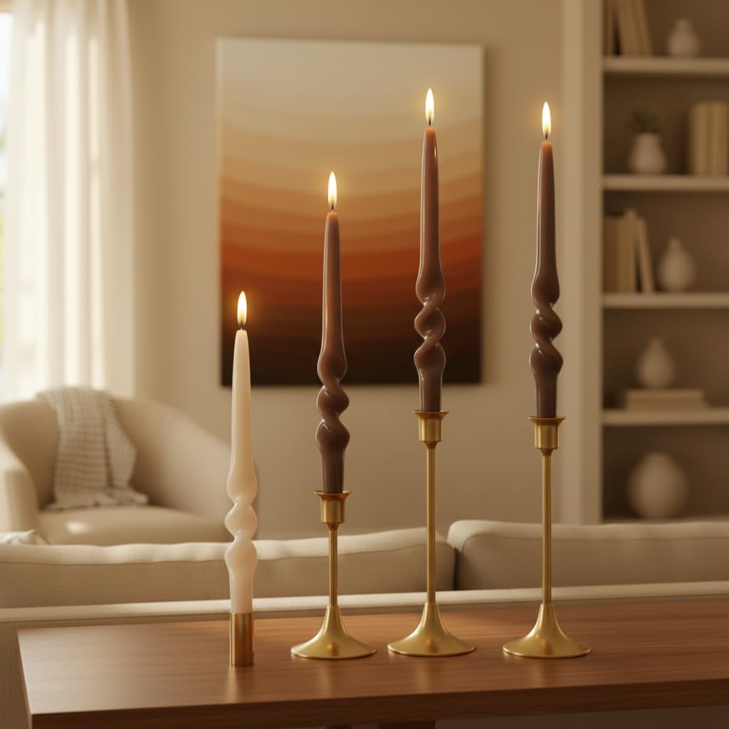 Gradient Coffee Spiral Taper Candles 10 Inch Thin Twisted Candlestick Unscented Candle Stick Smokeless Candle Gradient Tapered Candlesticks for Dinner Wedding Hygge Home Decor Holiday Relaxation