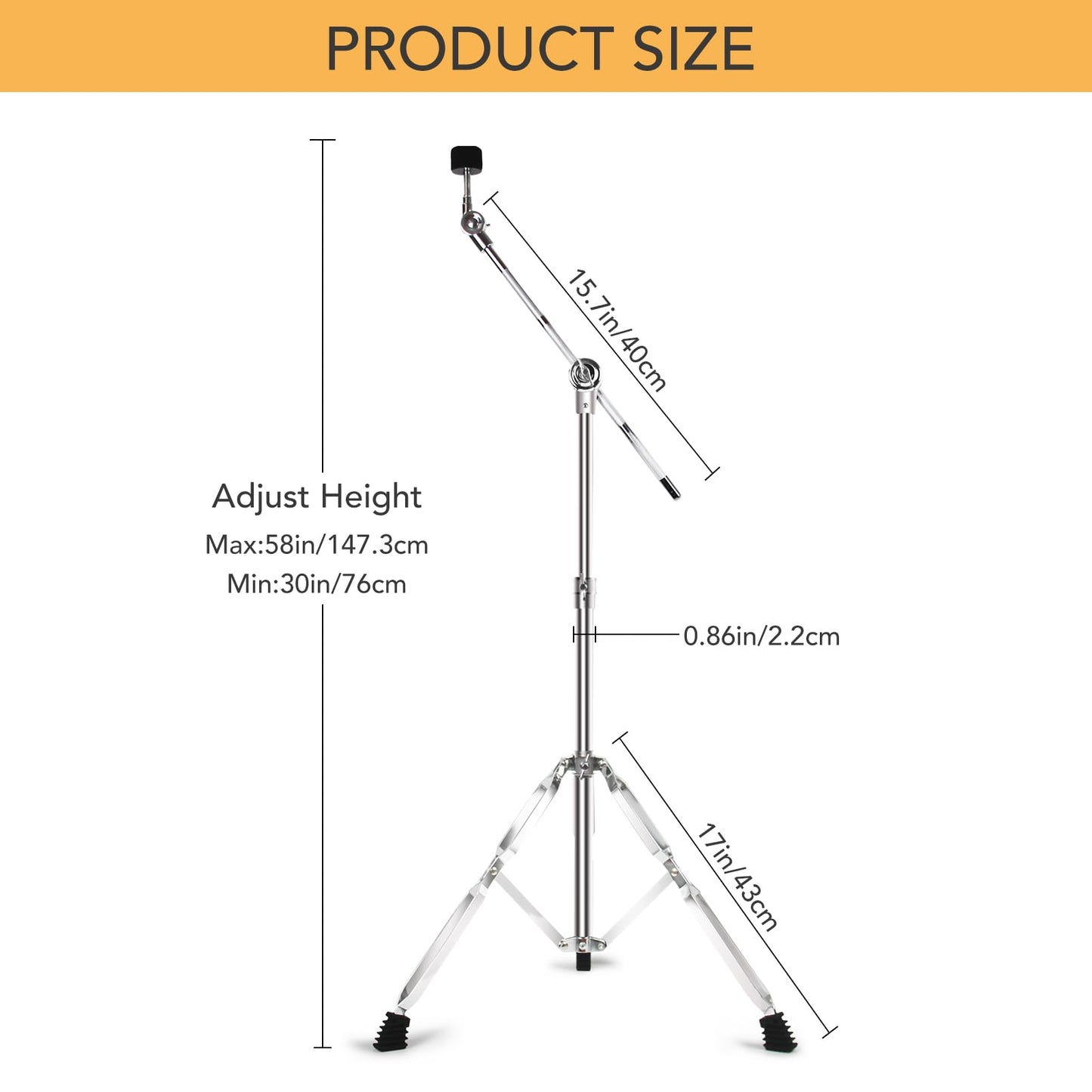 Seteol Boom Cymbal Stand, Adjustable Cymbal Stand for Drum Hardware Percussion Mount Holder Gear Set for Mounting Crash, Ride, Splash Cymbals, Double Braced Legs with Rubber Feet (4 Pack)