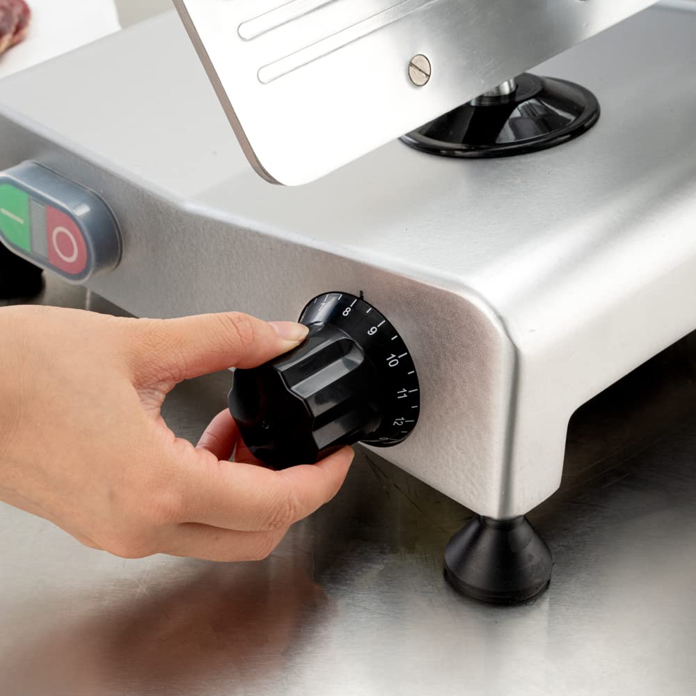 Restaurantware Bio Tek Meat Slicer 1 Adjustable Slice Size Manual Slicer - 320W Operation 0.25 Horsepower Stainless Steel Deli Slicer Built-In Sharpener Fixed Ring Guard