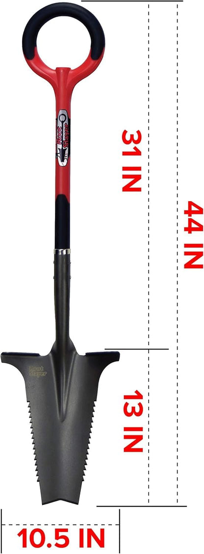 Root Slayer 22011 Garden Shovel with Serrated Blade for Digging and Root Cutting, Heavy Duty Steel Spade, Red