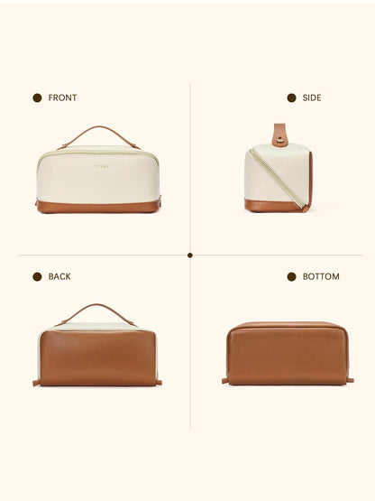 Telena Leather Make Up Bag Portable Travel Makeup Bag Waterproof Cosmetic Bags for Women Large Capacity With Handle and Divider Open Lay Flat